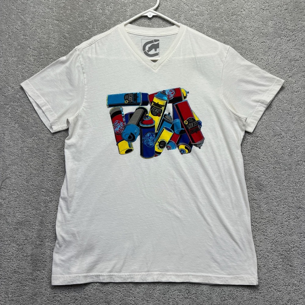 Ecko Unltd T-Shirt Mens Medium White V-Neck Spray Paint Cans Graphic Casual